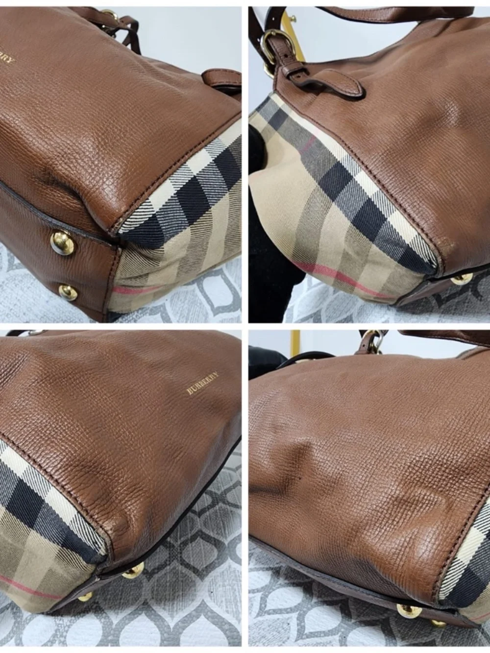 Authentic BURBERRY Leather And House Check Canvas Small Canterbury Tote Bag Brow